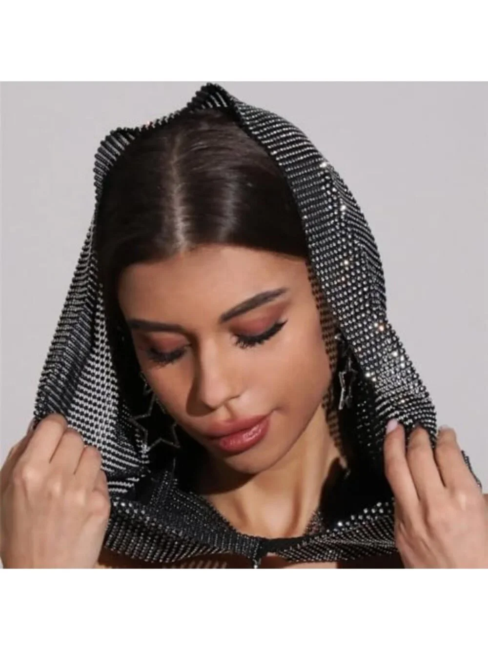 Sparkly Rhinestone Mesh Head Scarf Hood - Crystal Headband for Festival & Party